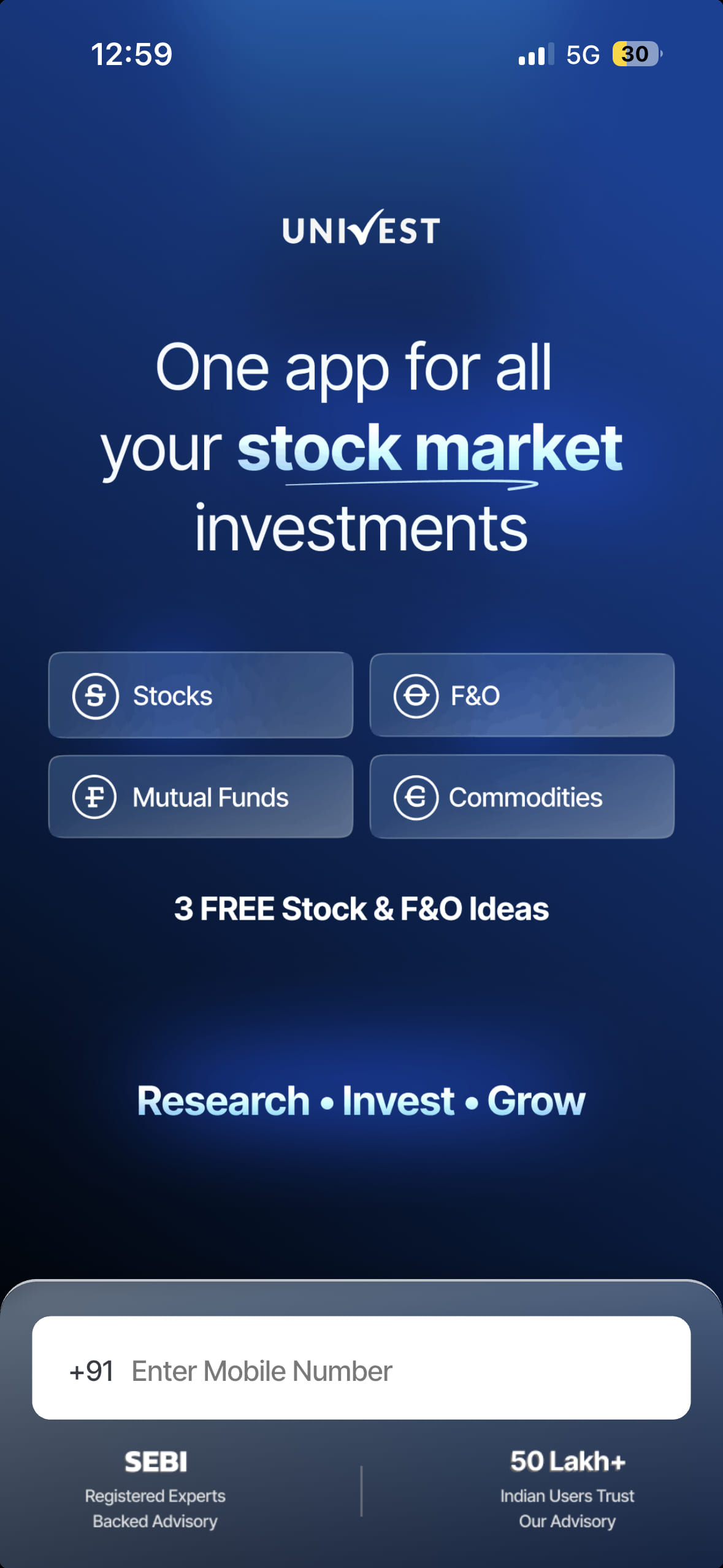 Univest mobile app sign-in screen